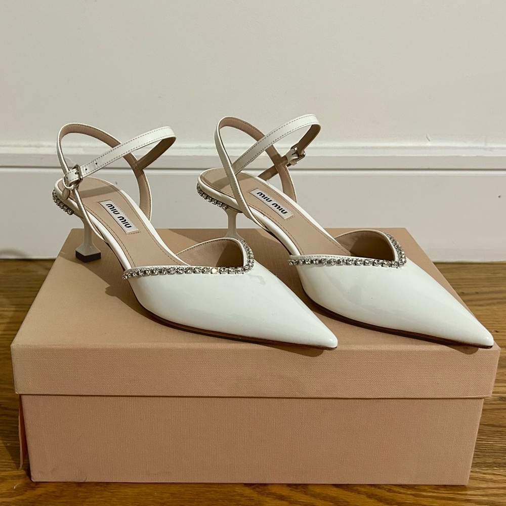 Miu Miu White Crystal-Trimmed Heels